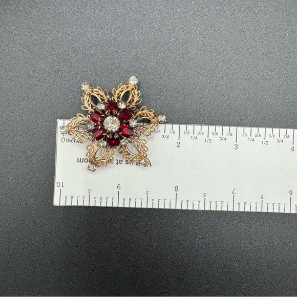Vintage 1940 Signed Scitarelli Ruby Rhinestone Filigree Snowflake Pendant Brooch - Picture 12 of 13
